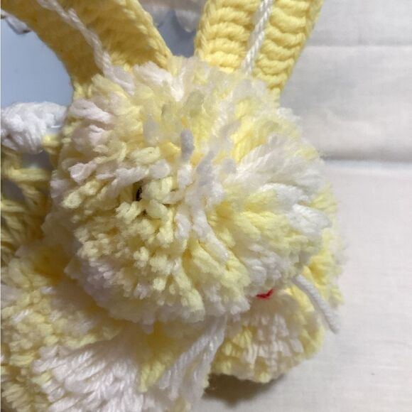 Bunny Easter Basket Handmade Yellow & White Yarn Crochet with Pom Poms - Picture 3 of 12